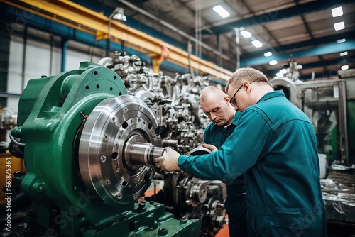 Mechanical engineering, as one of the most important components of independence of the country's economy. A male worker checks quality of mechanisms at a large machine-building enterprise.