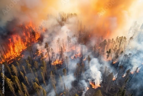 Aerial view of a forest fire. A series of arson attacks or the consequences of a lightning strike. Disaster for animals and air pollution by combustion products