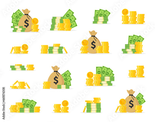 Set with cash bills and golden coins. Banknotes stack. Money bag, dollar bill packs and coins pile. Bank and finance. Profit, investment, income. Vector illustration.
