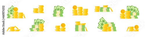 Set with cash bills and golden coins. Banknotes stack. Dollar bill packs and coins pile. Bank and finance. Profit, investment, income. Vector illustration.
