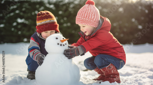 Two sibling children have fun creating a snowman on a sunny winter day in the backyard of their house, outdoors