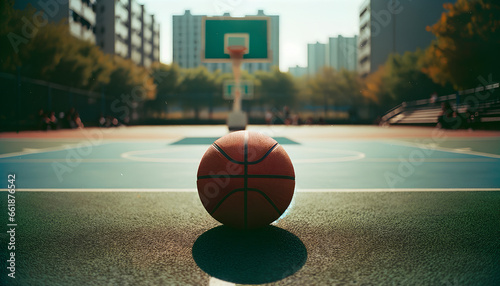 Quadra de basquete com a bola em destaque. photo