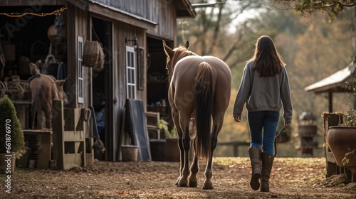 Woman walking with a horse outside the barn