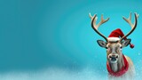 Reindeer with Santa hat on vibrant turquoise blue wall background 