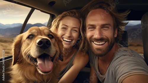 Road trip smiling couple with golden retriver © Fly Frames