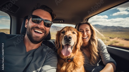 Road trip smiling couple with golden retriver