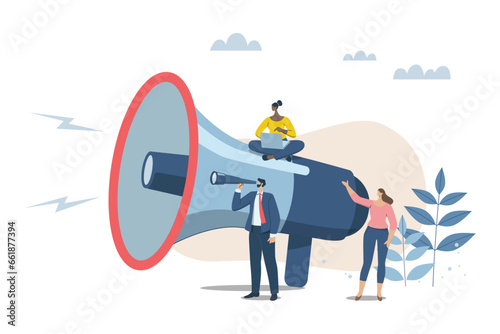Searching for business target groups, public relations to communicate company information, marketing and advertising concepts, Businessman looks into binoculars with a big megaphone to communicate.