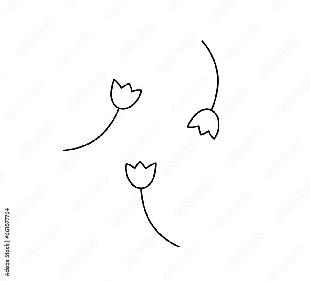 Vector isolated three tiny little doodle tulip flowers  colorless black and white contour line easy drawing