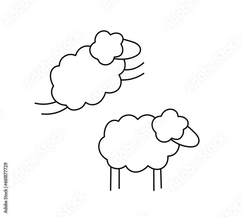 Vector isolated two pair couple simplest cute little lil sheeps side view colorless black and white contour line easy drawing photo