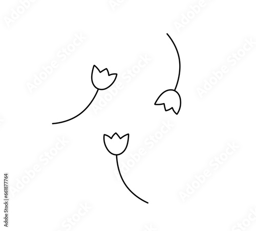 Vector isolated three tiny little doodle tulip flowers colorless black and white contour line easy drawing