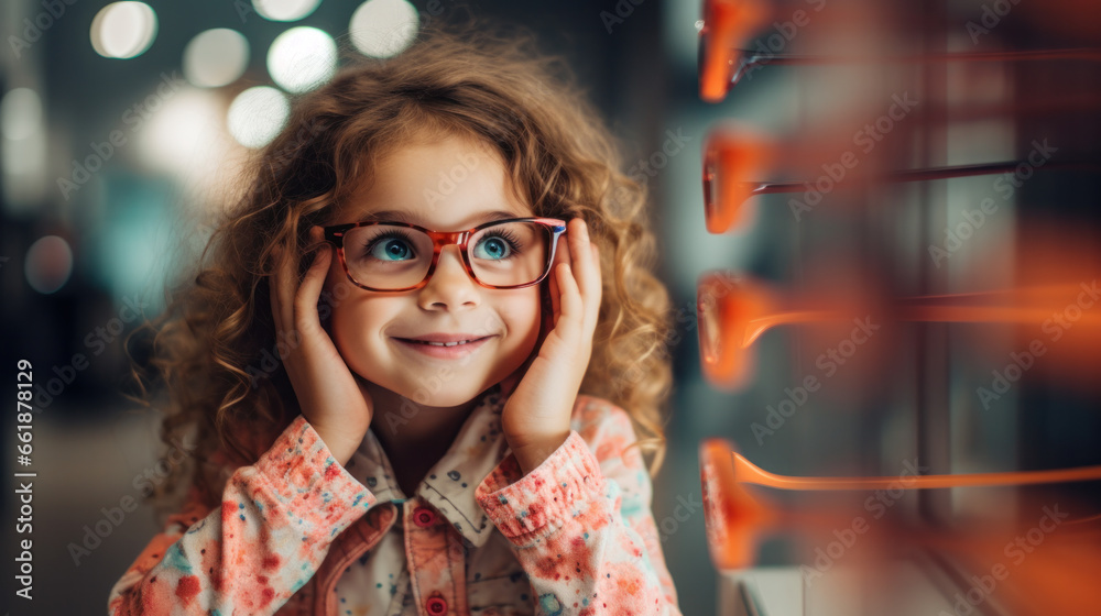 Portrait of cute girl trying on glasses she wants to buy in optician shop