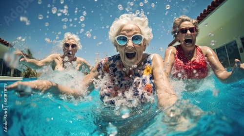 Senior women enjoying in a pool © Fly Frames