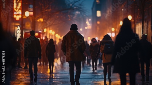 City street at night with people walking