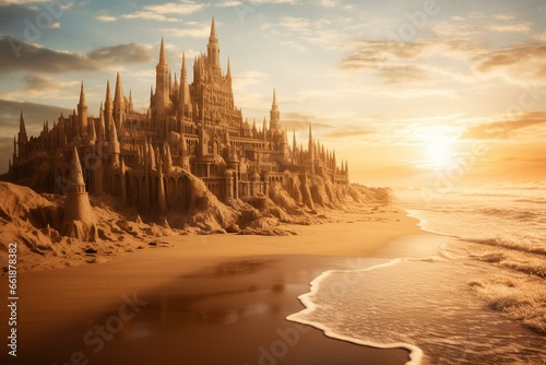 a sand citadel on a stunning shore. Generative AI © Sophia