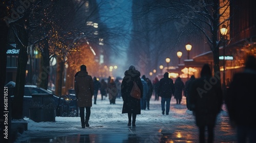 City street at winter snowy night with people walking