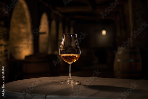 Glass of cognac on the table in the cellar of traditional winery.