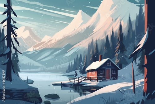 Illustration of a cabin by a mountain lake in a snowy winter landscape. Generative AI