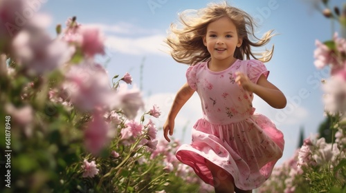 Small little girl in pink dress running in field full of white flowers
