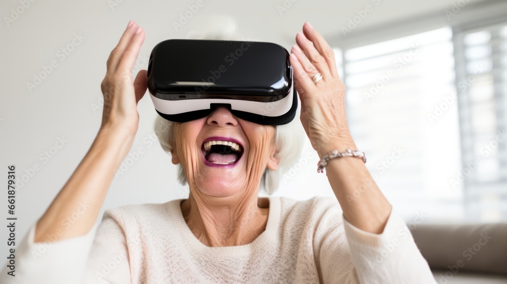 cheerful enjoy wonderful experience mature adult old senior woman wear vr vitual headset goggle while explore digital virtual world fun enjoy technology of visual in living room at home cheerful enjoy wonderful experience mature adult old senior woman wear vr vitual headset goggle while explore digital virtual world fun enjoy technology of visual in living room at home