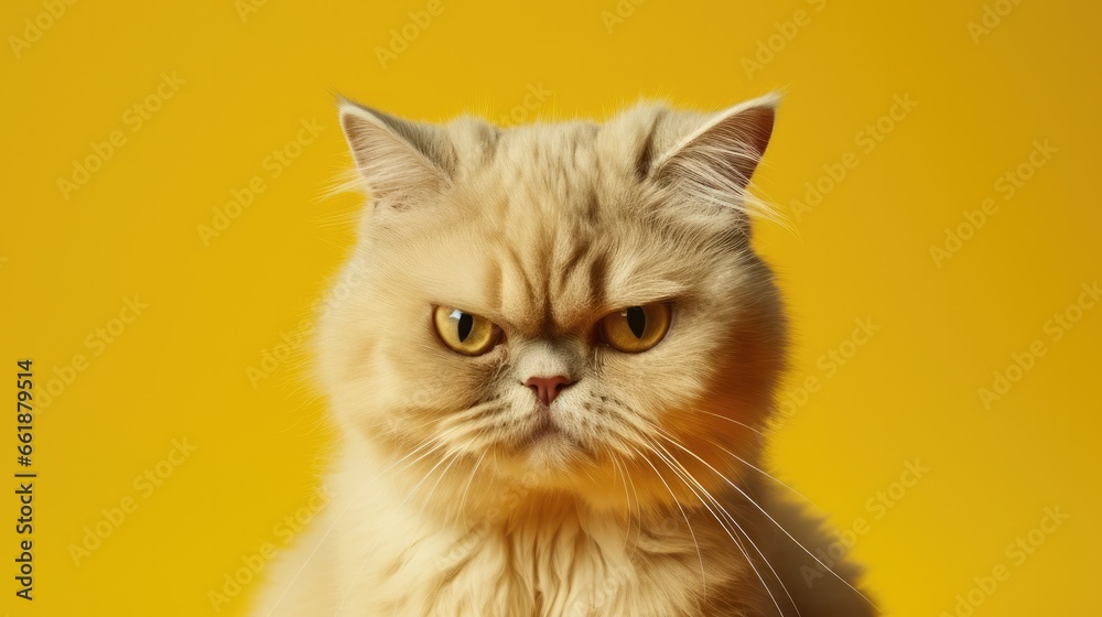 Stern sad cat isolated on yellow background Stern sad cat isolated on yellow background