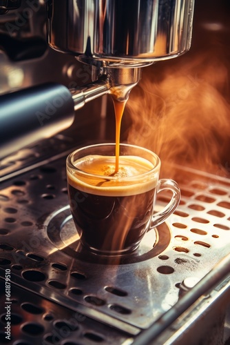 Preparation of coffee by using coffee machine. Espresso pouring from coffee machine. Close-up of espresso pouring from coffee machine. Vertical photo.