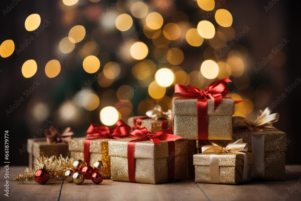 Christmas gift boxes on the floor Christmas tree branches and Christmas balls bokeh lights background. Generative AI Christmas gift boxes on the floor Christmas tree branches and Christmas balls bokeh lights background. Generative AI