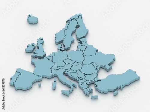 3D rendered map of Europe with bright blue colors