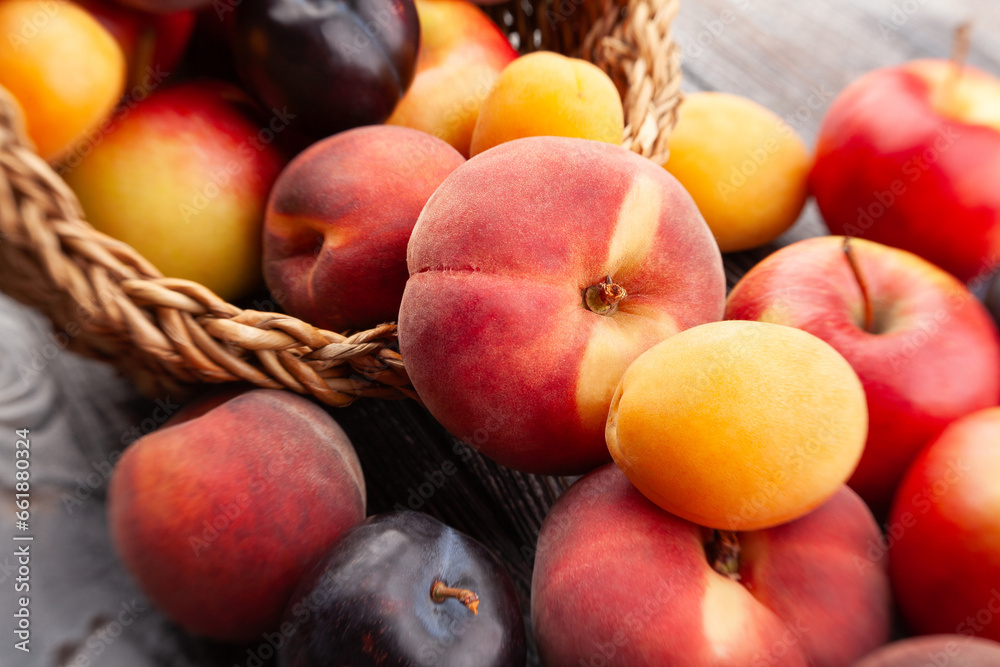 fruit mix basket on wood background fruit mix basket on wood background