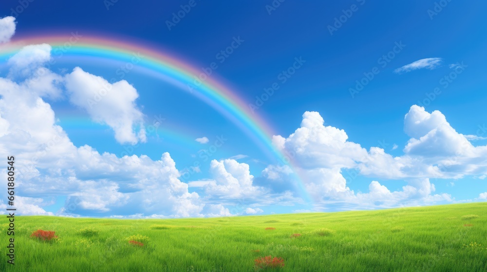 Wide blue sky and bright rainbow