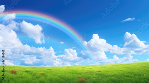 Wide blue sky and bright rainbow