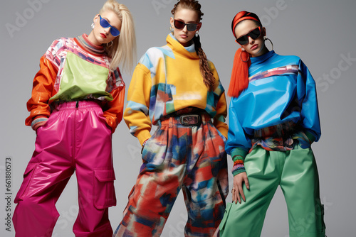 Fashion, style, make-up concept. Group of beautiful girl models posing with colorful clothing. 90's style outfit. Vivid colors. Generative AI
