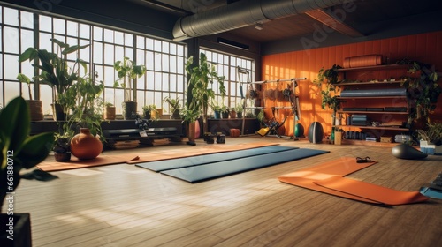 Yoga gym interior with equipment