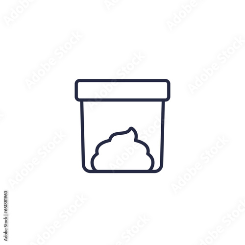 Stool sample icon, poop in cup line vector