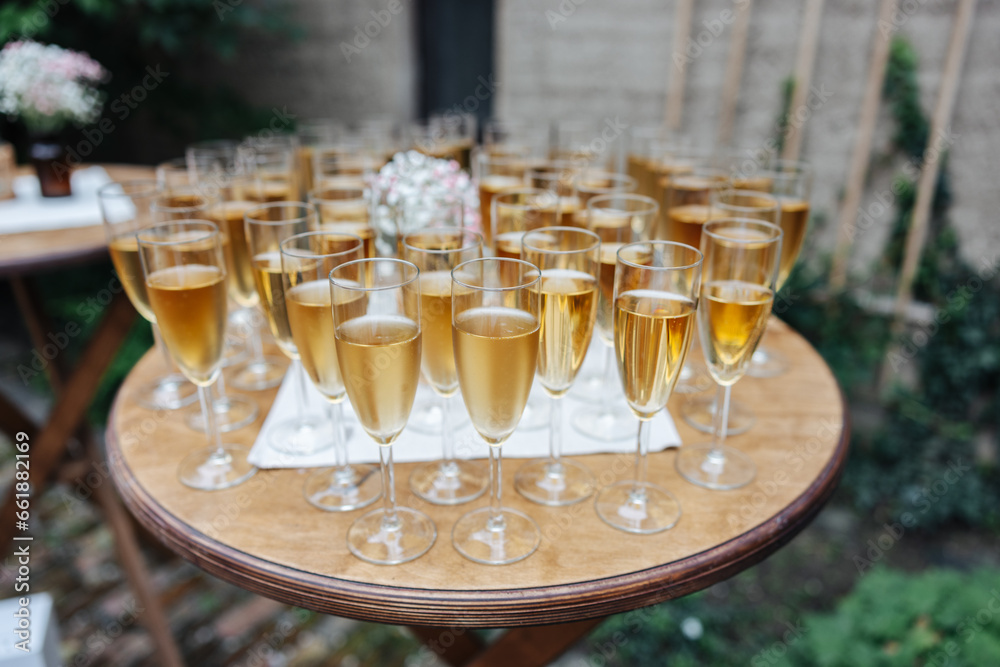 Glasses filled with sparkling wine at a wedding