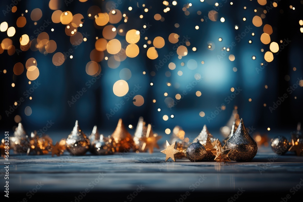Christmas decorations on a wooden table with bokeh lights in the background. A Cozy dark blue Christmas Background with Bokeh Lights and Christmas Tree. Christmas decorations on a wooden table with bokeh lights in the background. A Cozy dark blue Christmas Background with Bokeh Lights and Christmas Tree.