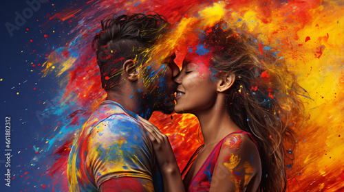 Close-up photograph of couple kissing when hit by colored dust in slow motion. Valentine's Day concept