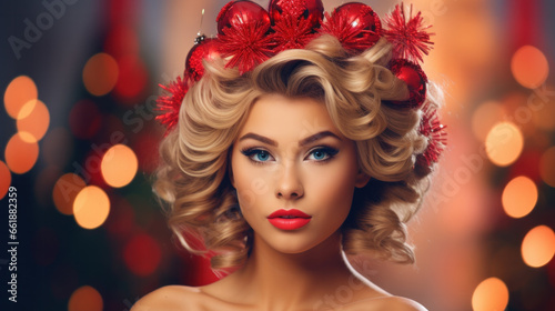 New Year's decorations are woven into the hairstyle of beautiful woman