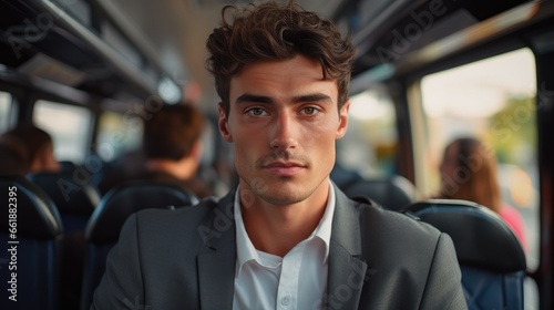  Young handsome businessman in public bus