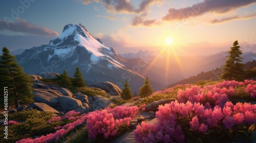 Spring scenery with a rhododendron flower and the rising sun with mountains © Noman Soofi