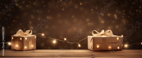 Christmas Gift Background with Festive Decorations and Gift Boxes, AI Generated