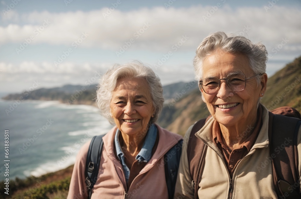 Portrait of an Happy senior couple hiking in the mountains with backpacks, enjoying their adventure, a scenic view of two elderly travelers on a cliff by the sea.