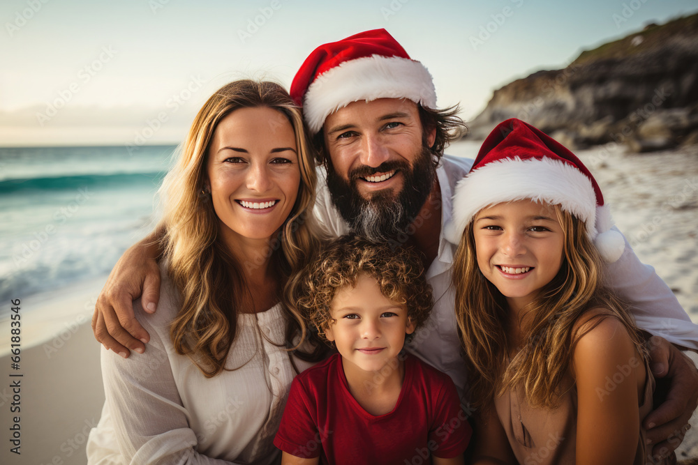 Happy family wearing red Santa hats enjoying holiday on the beach during winter holidays, New Year and Christmas. Tourist tours during winter holidays. Christmas holiday
