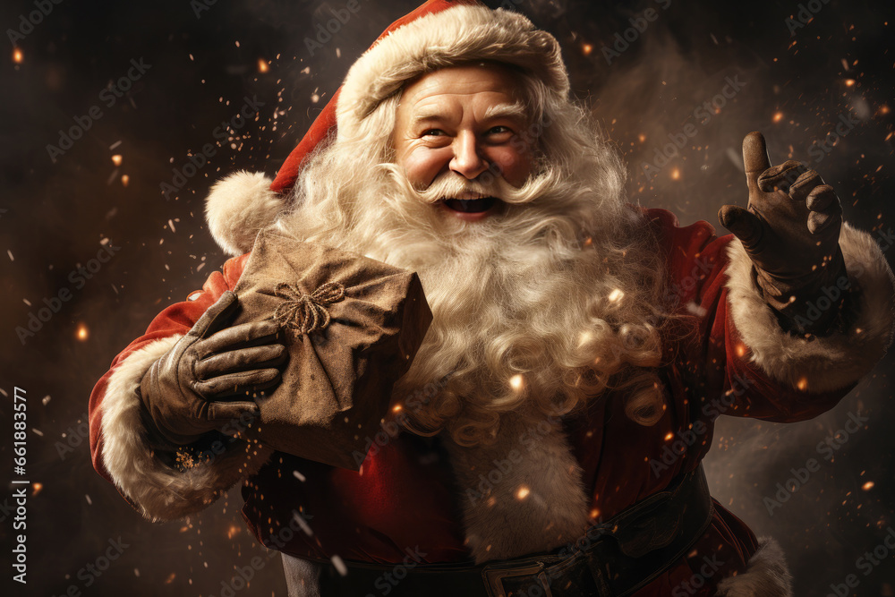 Happy Santa Claus with gifts. Christmas magical background. Happy Santa Claus with gifts. Christmas magical background.