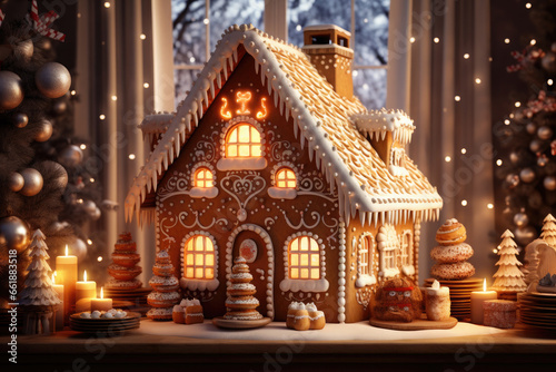 Luxurious Christmas gingerbread house on christmas kitchen background. Christmas baking, sweets. Hand decorated.Cozy home atmosphere, family time. Christmas greeting card cover © syhin_stas