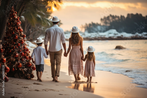 Happy family wearing red Santa hats enjoying holiday on the beach during winter holidays, New Year and Christmas. Tourist tours during winter holidays. Christmas holiday