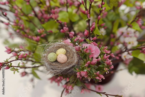 Bird's Nest, Speckled Pastel Eggs, Pink Azalea AI