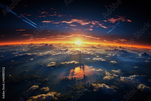 Aerial View of Sunset Above Clouds With Sun Flare