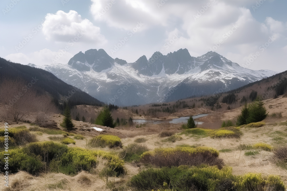 Panoramic view of mountains. Photorealistic image. 