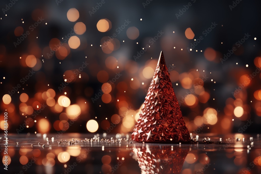 Christmas tree made of red glass on bokeh background. A Cozy Crimson Christmas Background with Bokeh Lights and Christmas Tree.  - obrazy, fototapety, plakaty 