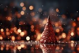 Christmas tree made of red glass on bokeh background. A Cozy Crimson Christmas Background with Bokeh Lights and Christmas Tree. 